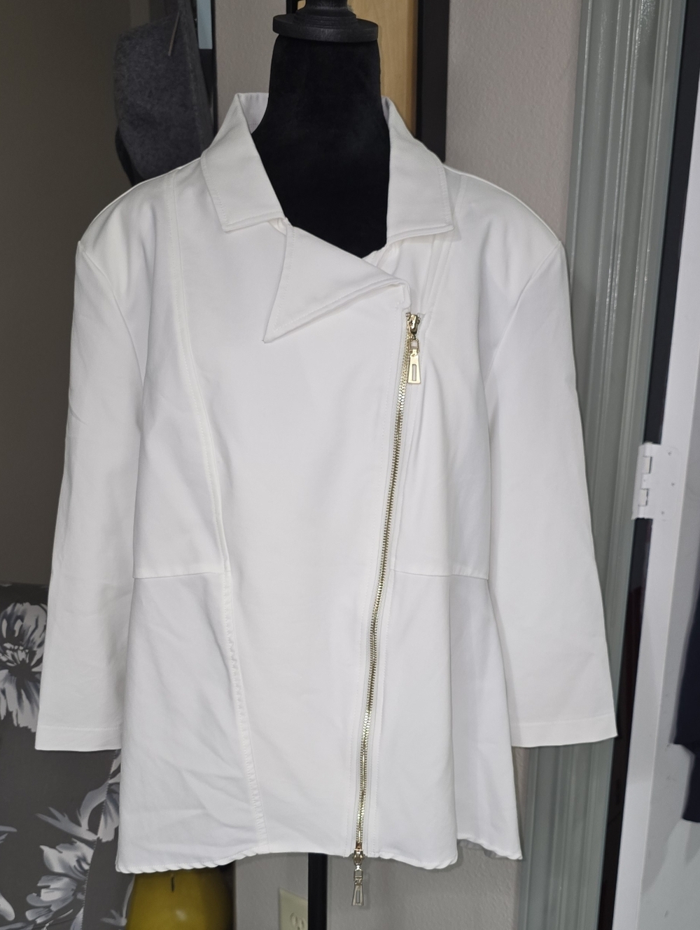 Women’s White Asymmetrical Zip Leather Jacket with Gold Hardware